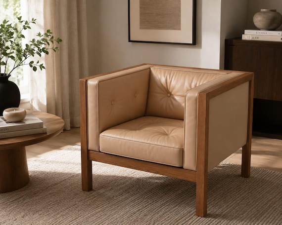 Modern Beige Leather Cubbes Armchair – Scandinavian Solid Wood Lounge Chair