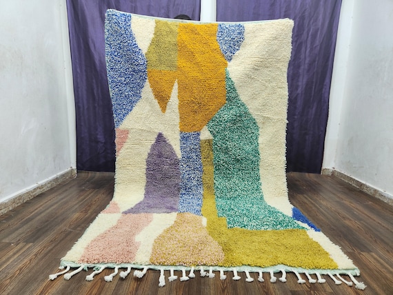 Moroccan Wool Rug: Handmade, Geometric Green and Rose Patterns