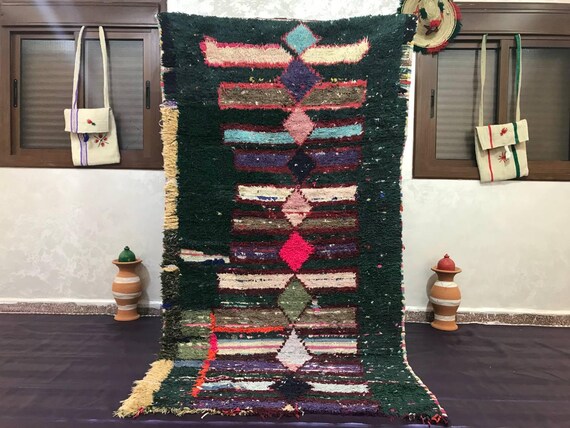 Berber Rug Runner: Green Cotton Azilal Style - Fringe Edges