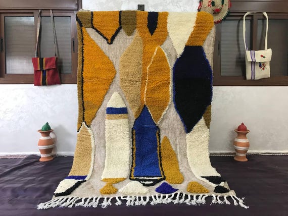 Moroccan Berber Wool Rug: Taupe with Mustard and Navy Borders