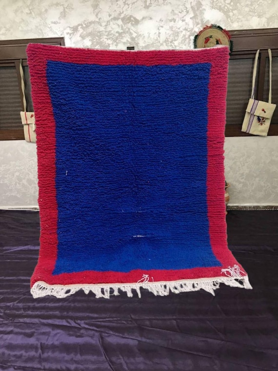 Berber Wool Rug: Cozy Red and Blue Design (Handwoven, Soft Texture)