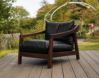 Wooden Leather Lounge Chair, Mid Century Modern Accent Chair, Solid Wood Frame Armchair, Luxury Living Room Seating