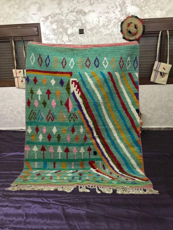 Moroccan Wool Rug Boujaad Pattern, Green with Colorful Diamonds (Handmade)
