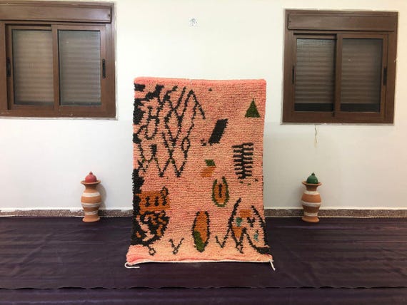 Beni Ourain Rug: Soft Wool with Orange Pattern - Handwoven Tassels