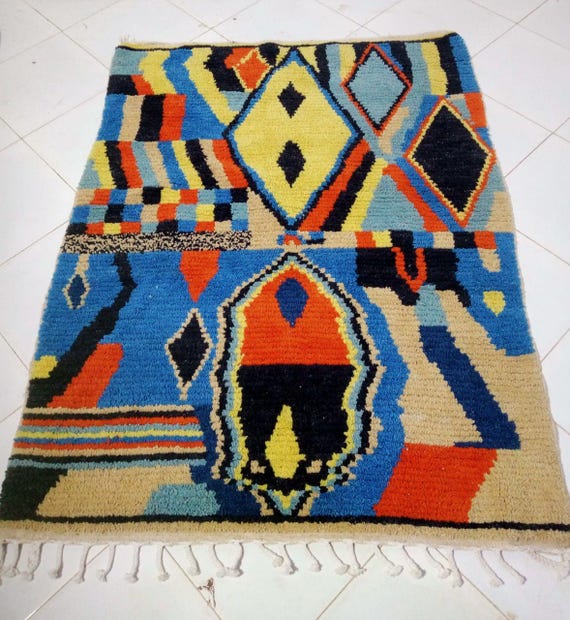 Moroccan Berber Wool Rug - Handknotted Blue Tribal Design