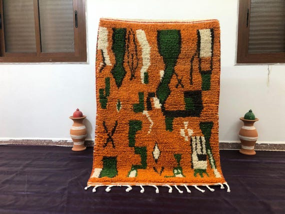 Berber Wool Rug: Moroccan Handwoven Diamond Pattern (Orange & Green)