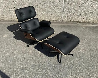 Luxury Mid-Century Modern Lounge Chair with Ottoman – Premium Black Genuine Leather & Solid Walnut Wood Accent Chair