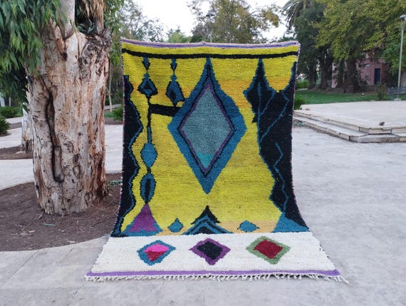 Moroccan Wool Rug, Berber Shag, Colorful Geometric Design (Handmade)