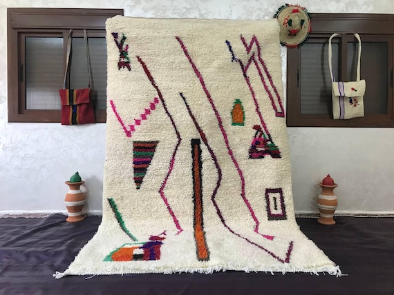 Moroccan Wool Rug - Hot Pink Floral Boho Area Carpet