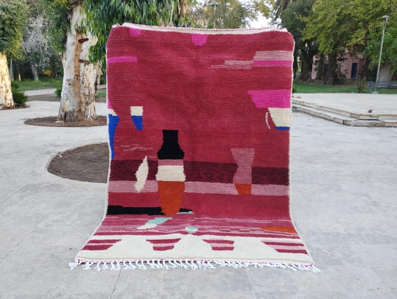 Handwoven Berber Rug - Dark Red Moroccan Wool Carpet