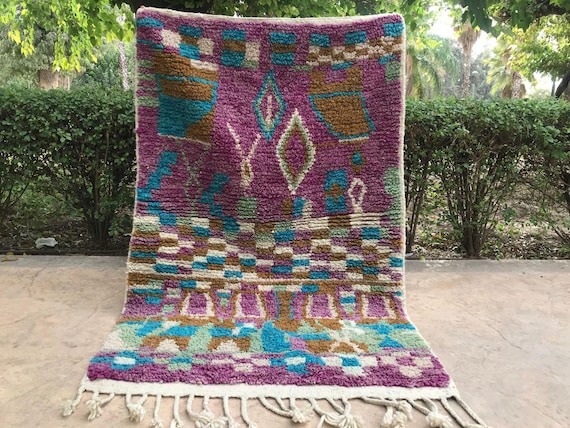 Berber Wool Rug: Moroccan Blue and Burgundy - Soft Shag Texture