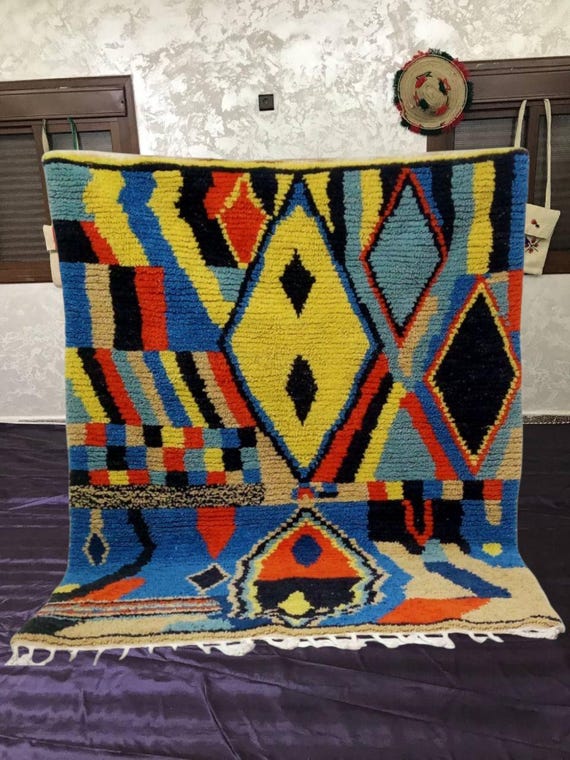 Berber Wool Rug, Moroccan Boujaad Style, Colorful Geometric (Large Size)