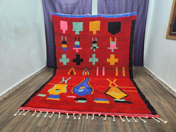 Moroccan Boujaad Rug: Red Wool Runner (Handmade, Soft Texture)