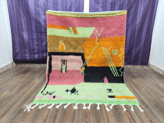 Moroccan Berber Wool Rug, Handwoven Green Geometric (8x5 or 10x14)