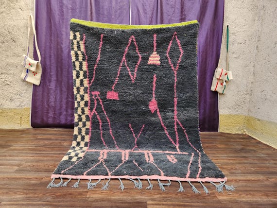 Stylish Charcoal Grey Moroccan Rug - Bright Neon Pink & Lime Green Accents