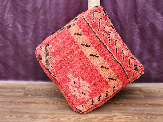 Artisan Handmade Red Pouf Rug - Mocaccan Style for Cozy Spaces