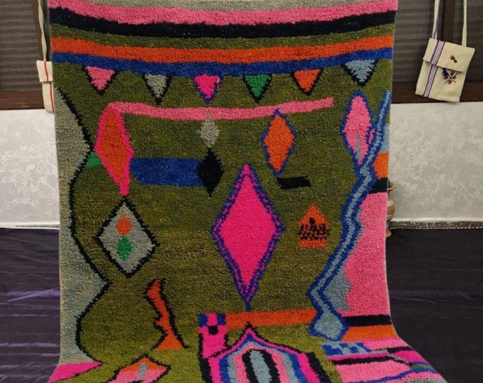 Featured listing image: Handmade Green Wool Moroccan Rug: Beni Ourain Style