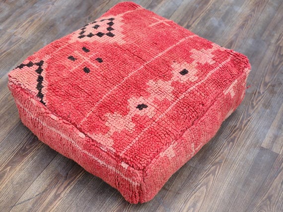 Authentic Moroccan Red Wool Pouf Rug - Chic Living Room Decor