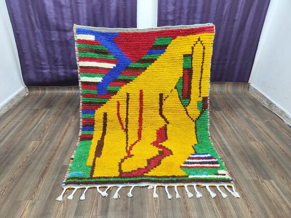 Berber Wool Rug: Moroccan Beni Ourian Handwoven (Yellow, Bohemian Style)