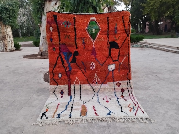 Moroccan Beni Ourain Rug - Soft Wool, Orange White Pattern