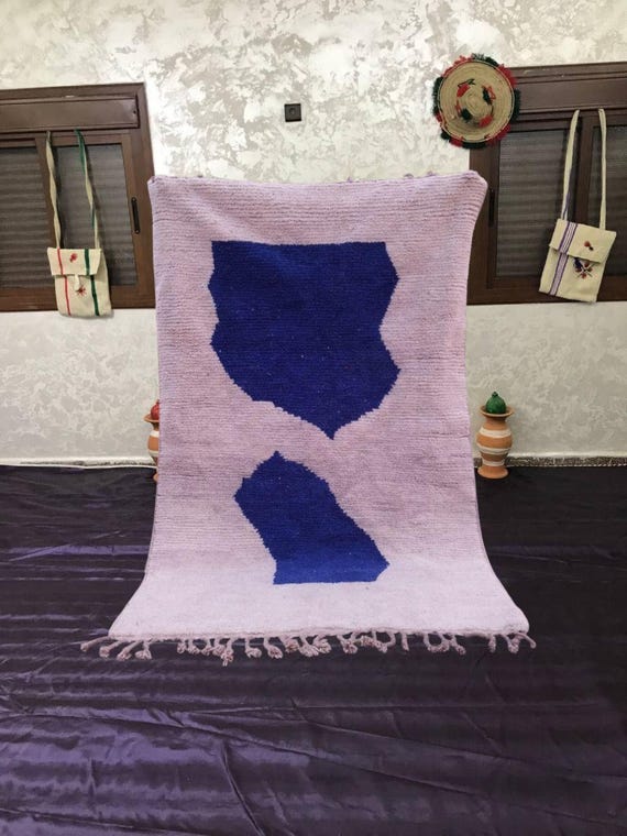 Blue White Moroccan Boujaad Rug - Handmade Wool Area Carpet