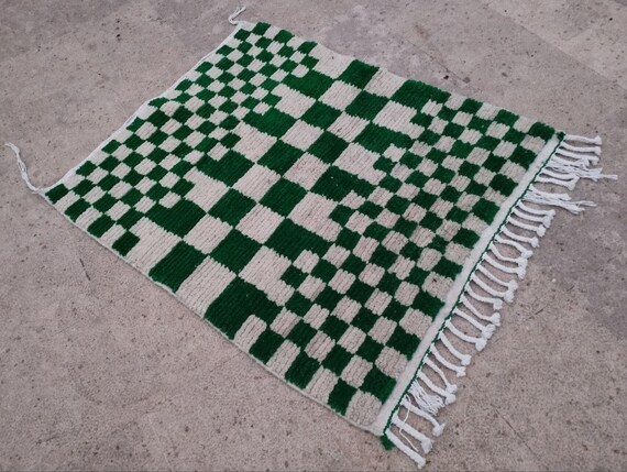 Hand-Knotted Wool Moroccan Rug: Bohemian Green Abstract Design,checkerboard carpet