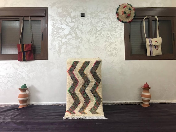 Indigo Moroccan Rug: Handwoven Chevron Pattern, Soft Lamb Wool