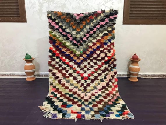 Boucherouite Rug: Vintage Moroccan Colors - Cotton Runner 5x3 ft