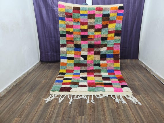 Colorful Moroccan Berber Rug - Floral Border, Handwoven Wool
