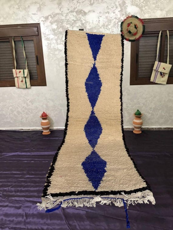 Moroccan Boujad Wool Runner Rug, Blue Diamonds, Beige (3x10 to 4x12 ft)