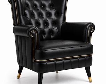 Sillón de estilo moderno de mediados de siglo con otomana, sillón de cuero negro, silla auxiliar de madera de nogal.