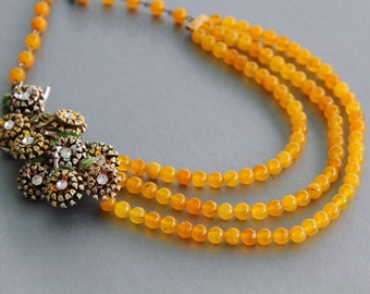 Daisy Bouquet Statement Necklace with Yellow Jade Drapes