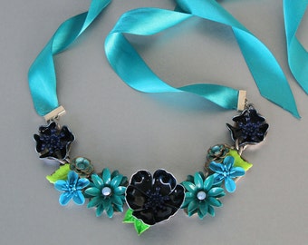 Blue Forget Me Not Flower Necklace made from Enamel and Rhinestone Earrings
