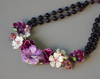 Pretty Purple Flowers Enamel and Rhinestone Statement Necklace from Vintage Earrings, Pins