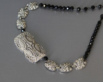 Deco makes the world go round. Vintage rhinestone statement necklace from art deco pin, bracelet