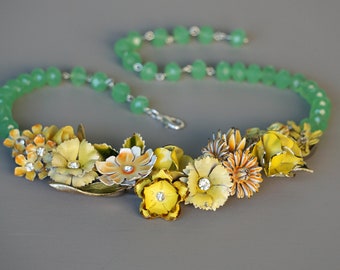 Yellow Blossom Flowers Enamel and Rhinestone Statement Necklace from Vintage Earrings, Pins