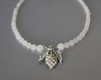 Mint Julip. Repurposed Vintage Rhinestone White Jade Necklace.