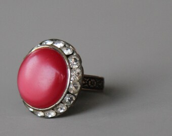 Red Lucite Rhinestone Ring, from Repurposed Vintage Earring.