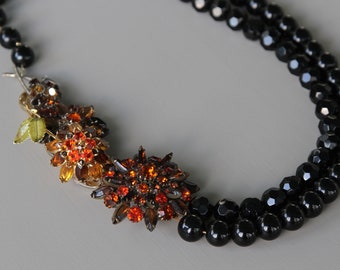 Fall Flowers. Vintage Repurposed Rhinestone Brooch Statement Necklace.