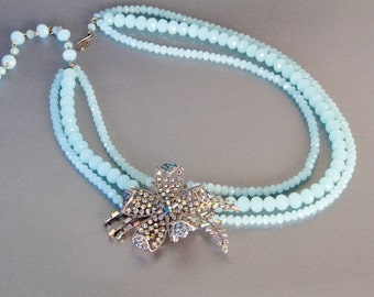 Aqua Lily Pad Necklace from Repurposed Vintage Rhinestone Pin
