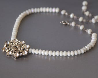 Snow Flowers Art Deco Rhinestone Necklace, Repurposed from 1920s brooch.