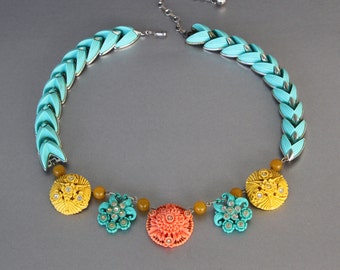 Redone Retro. Vintage Celluloid Statement Necklace in the Colors of the Southwest