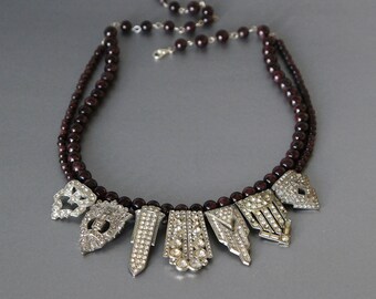 City Sky Line Rhinestone Statement Necklace from Art Deco Shoe Clips and Garnet Beads