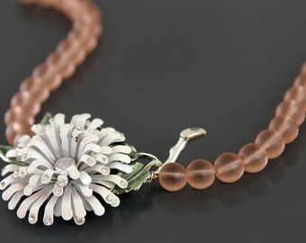 Sassy Summer Necklace. Vintage Enamel and Rhinestone Flower with Frosted Glass Beads.