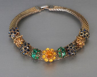 Brass Rhinestone Collar Necklace from Repurposed Earrings