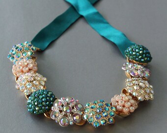 Tealicious Sparkles Statement Necklace made from Vintage Rhinestone Jewelry