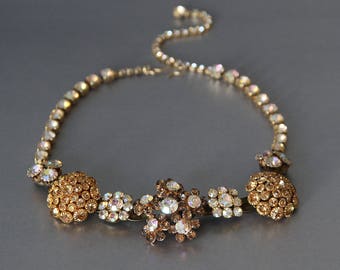 Golden Aurora Flowers- Sparkling Rhinestone Statement Necklace