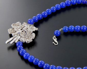 Sapphire Flower. Bridal Necklace with Vintage 1920s Rhinestone Pin.
