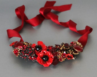 Ravenous Red Statement Necklace made from Vintage Rhinestone Jewelry