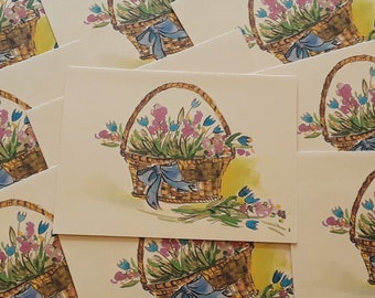 Vintage Note Cards / 10 blank folded cards + 7 envelopes / 804/ spring flowers in basket / blue purple floral / Easter greeting / old paper